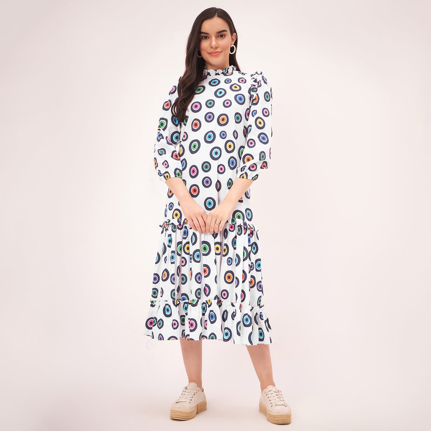 White Evil Eye Frill Mid Length Dress
