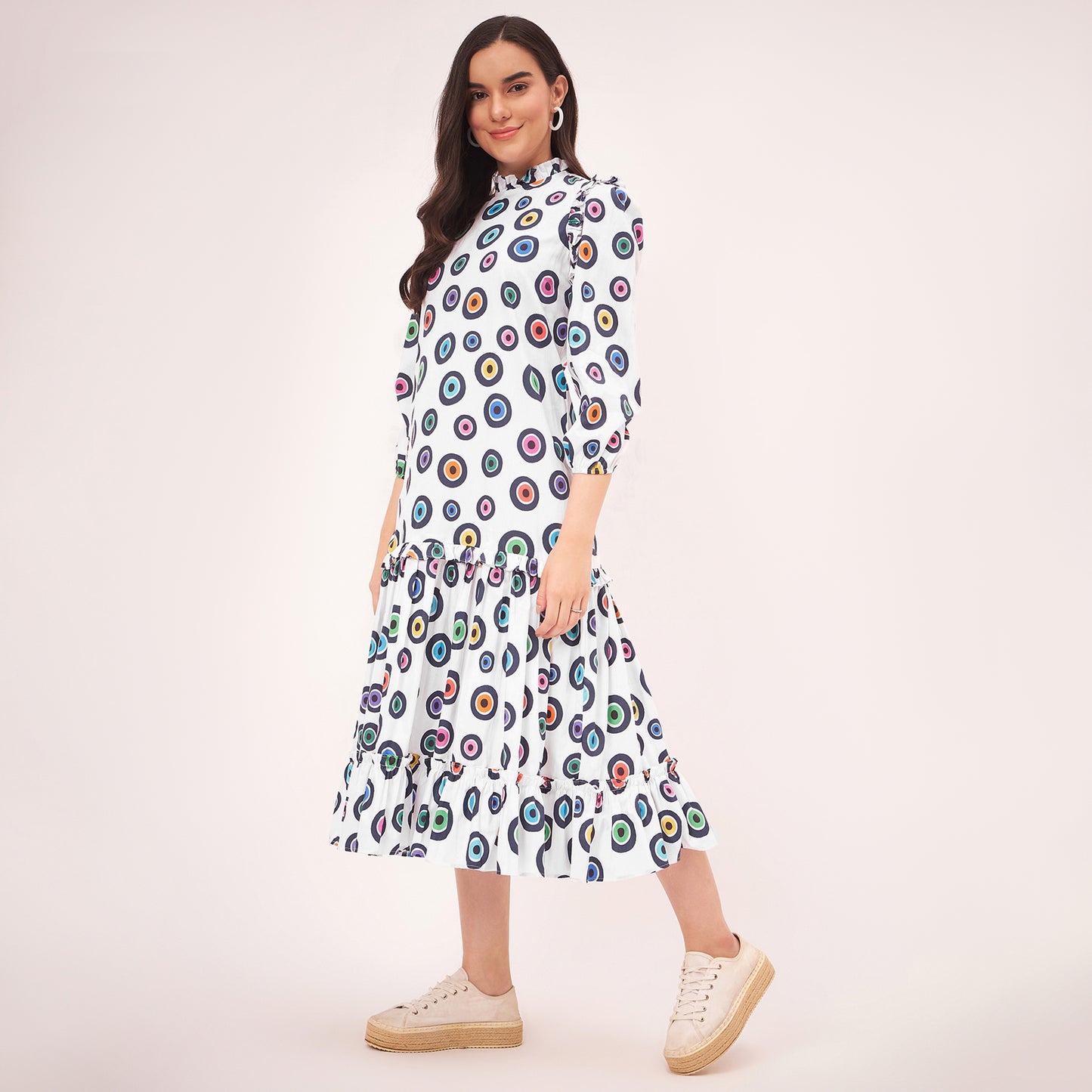 White Evil Eye Frill Mid Length Dress