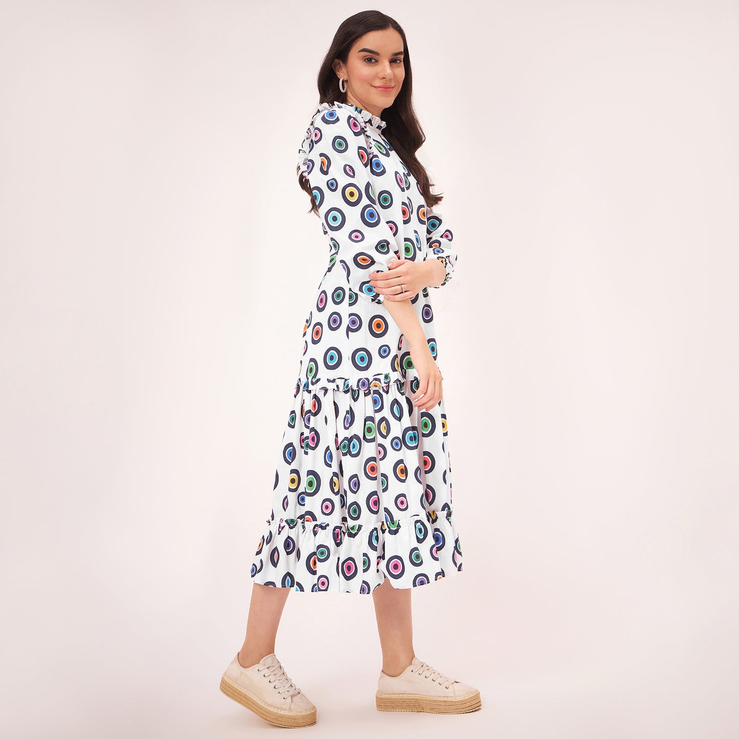 White Evil Eye Frill Mid Length Dress
