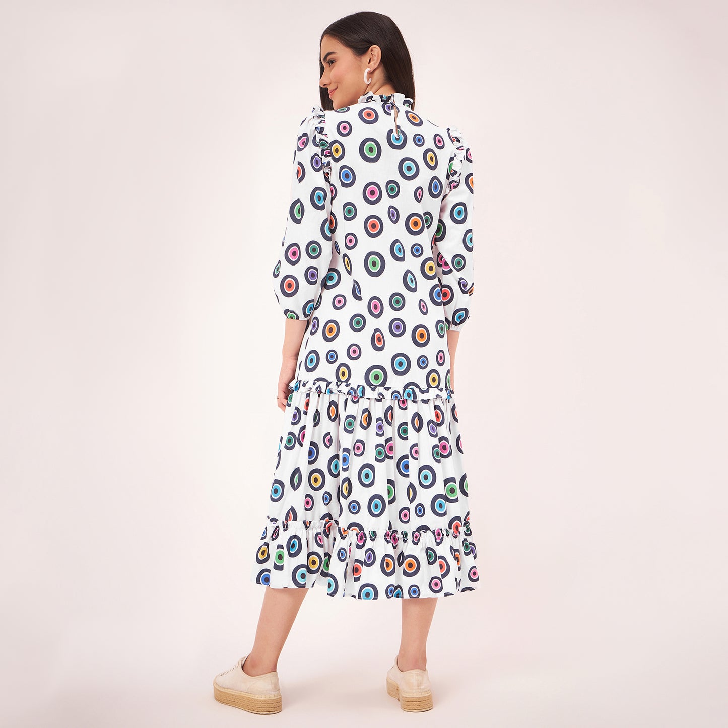 White Evil Eye Frill Mid Length Dress
