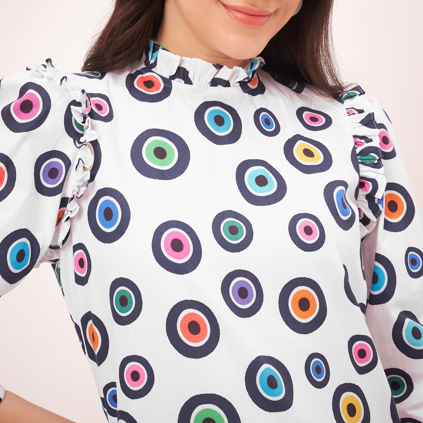 White Evil Eye Frill Mid Length Dress