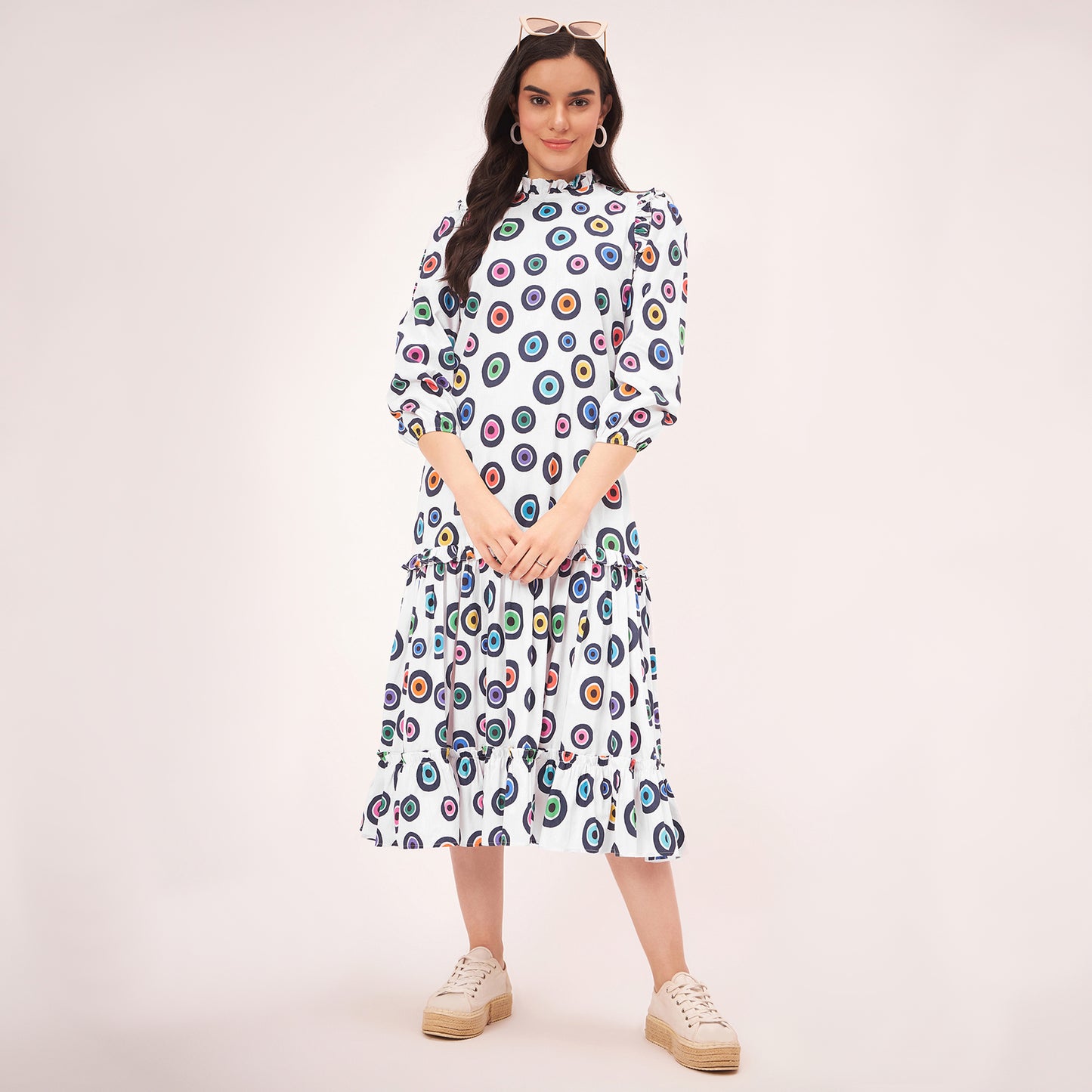 White Evil Eye Frill Mid Length Dress
