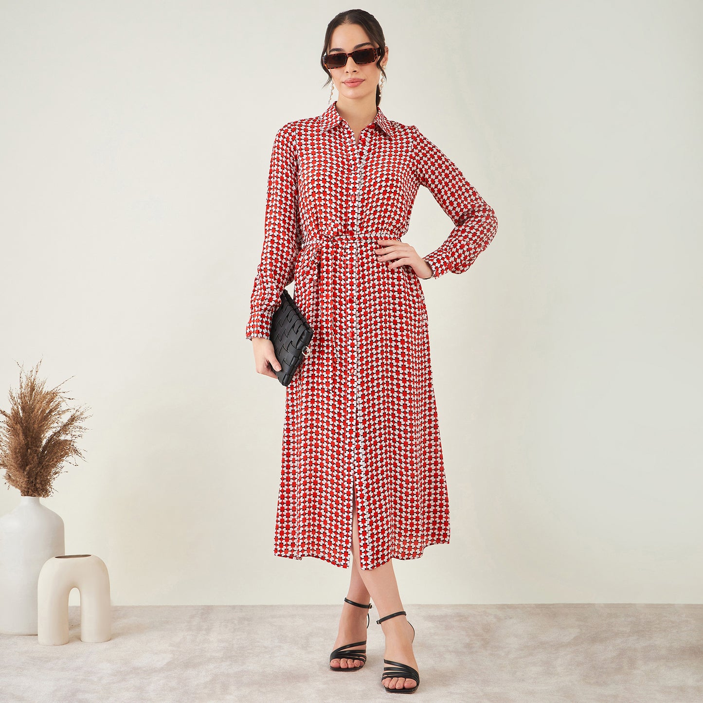 Red and White Geometric Print Shirt Dress with Belt