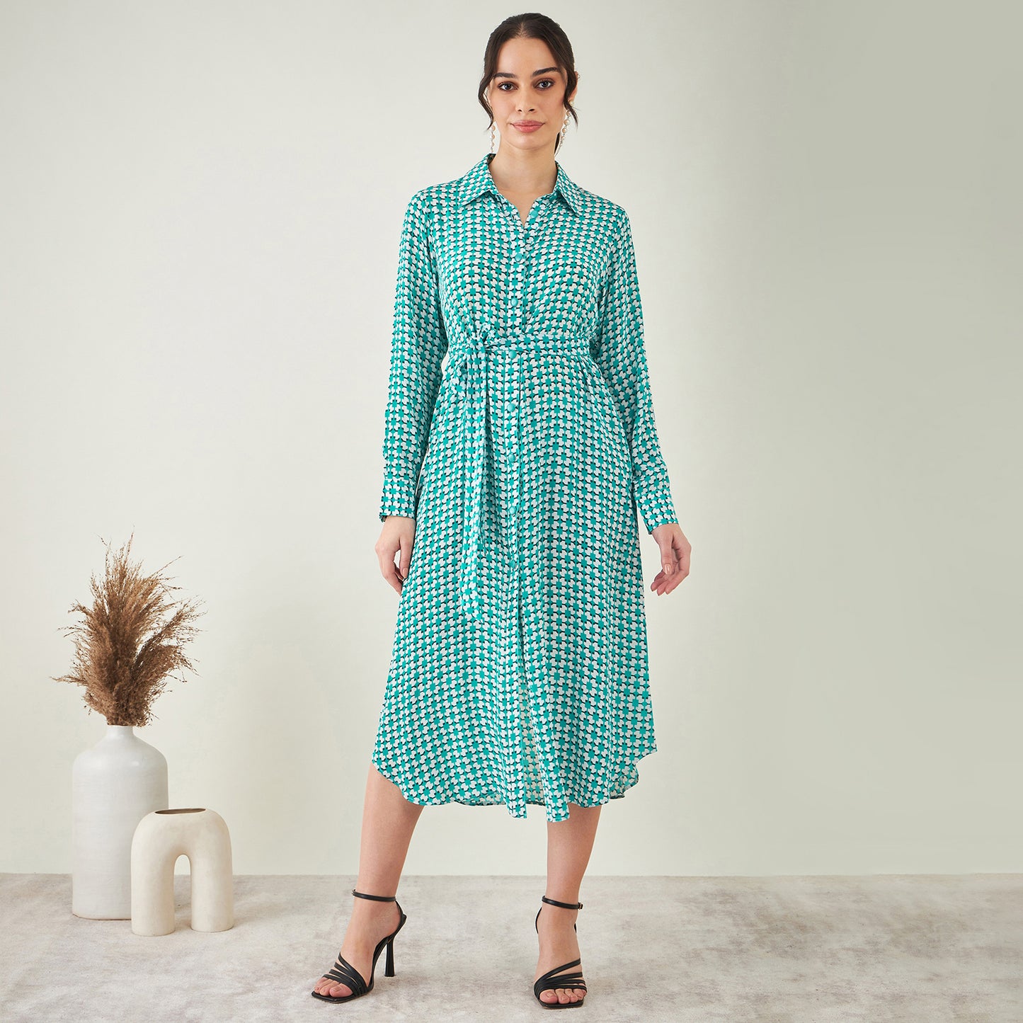 Turquoise and White Geometric Print Shirt Dress with Belt