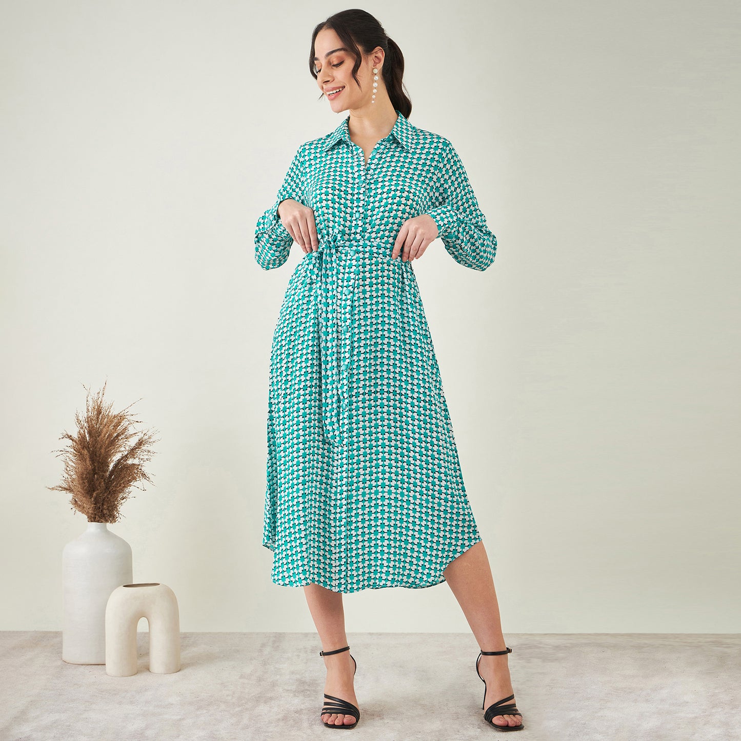 Turquoise and White Geometric Print Shirt Dress with Belt