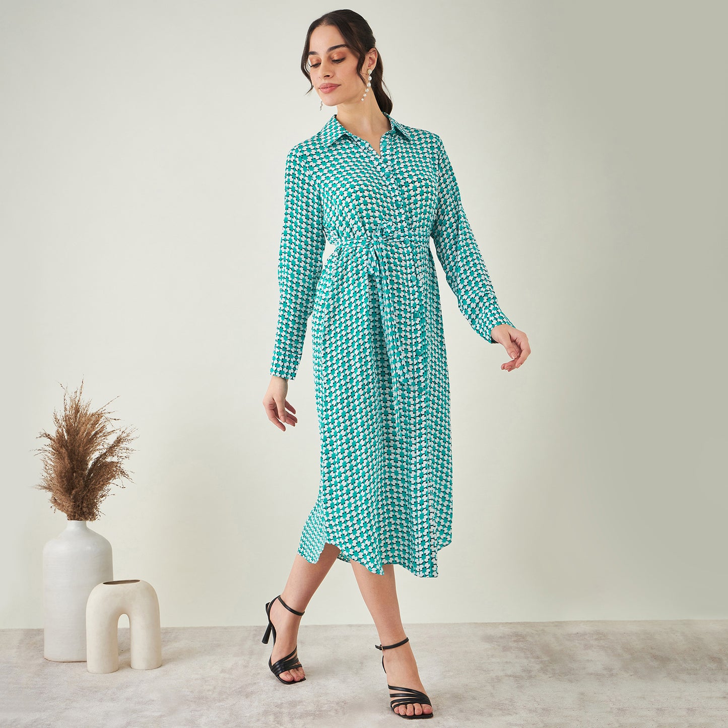 Turquoise and White Geometric Print Shirt Dress with Belt