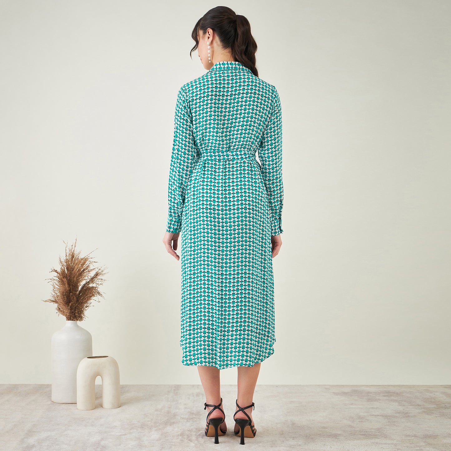 Turquoise and White Geometric Print Shirt Dress with Belt