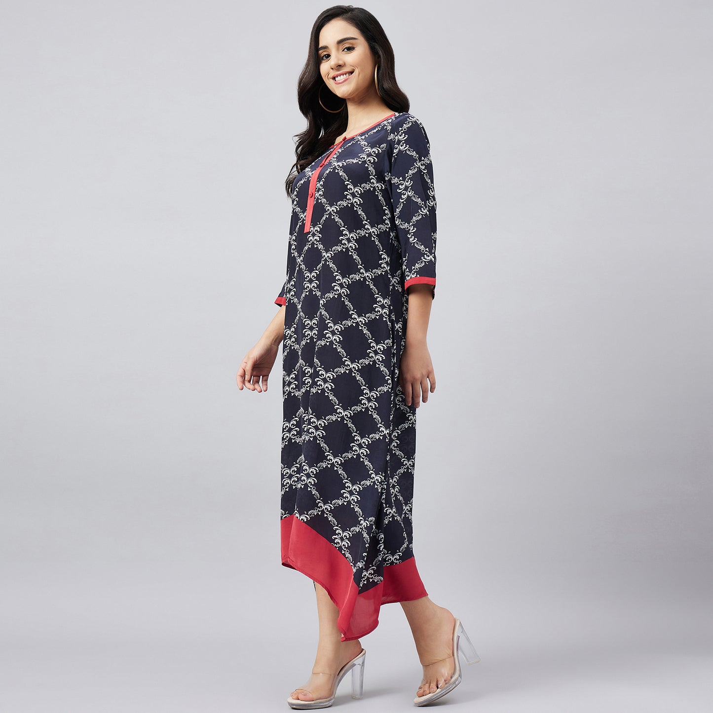 Black and Red Baroque Print Midi Kaftan Dress