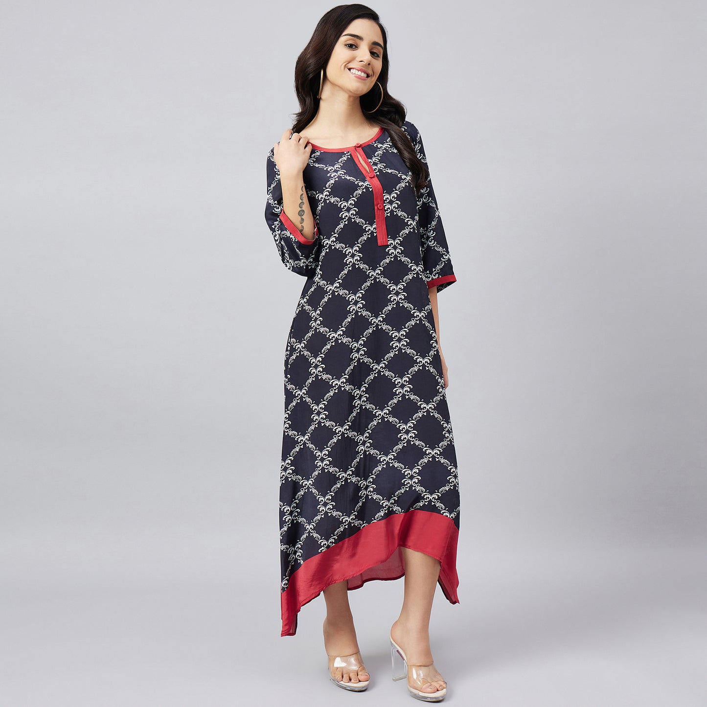 Black and Red Baroque Print Midi Kaftan Dress