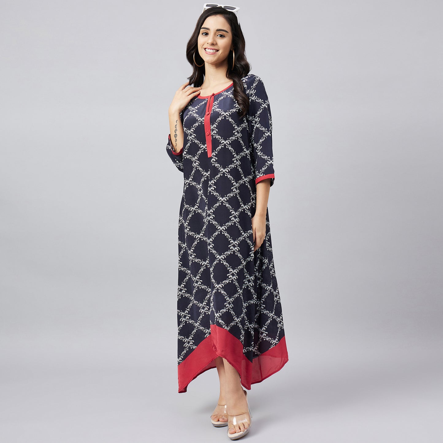 Black and Red Baroque Print Midi Kaftan Dress