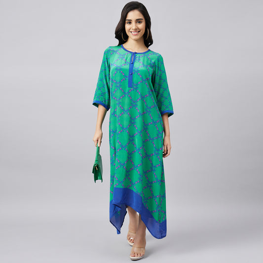 Mint Green and Blue Baroque Print Midi Kaftan Dress