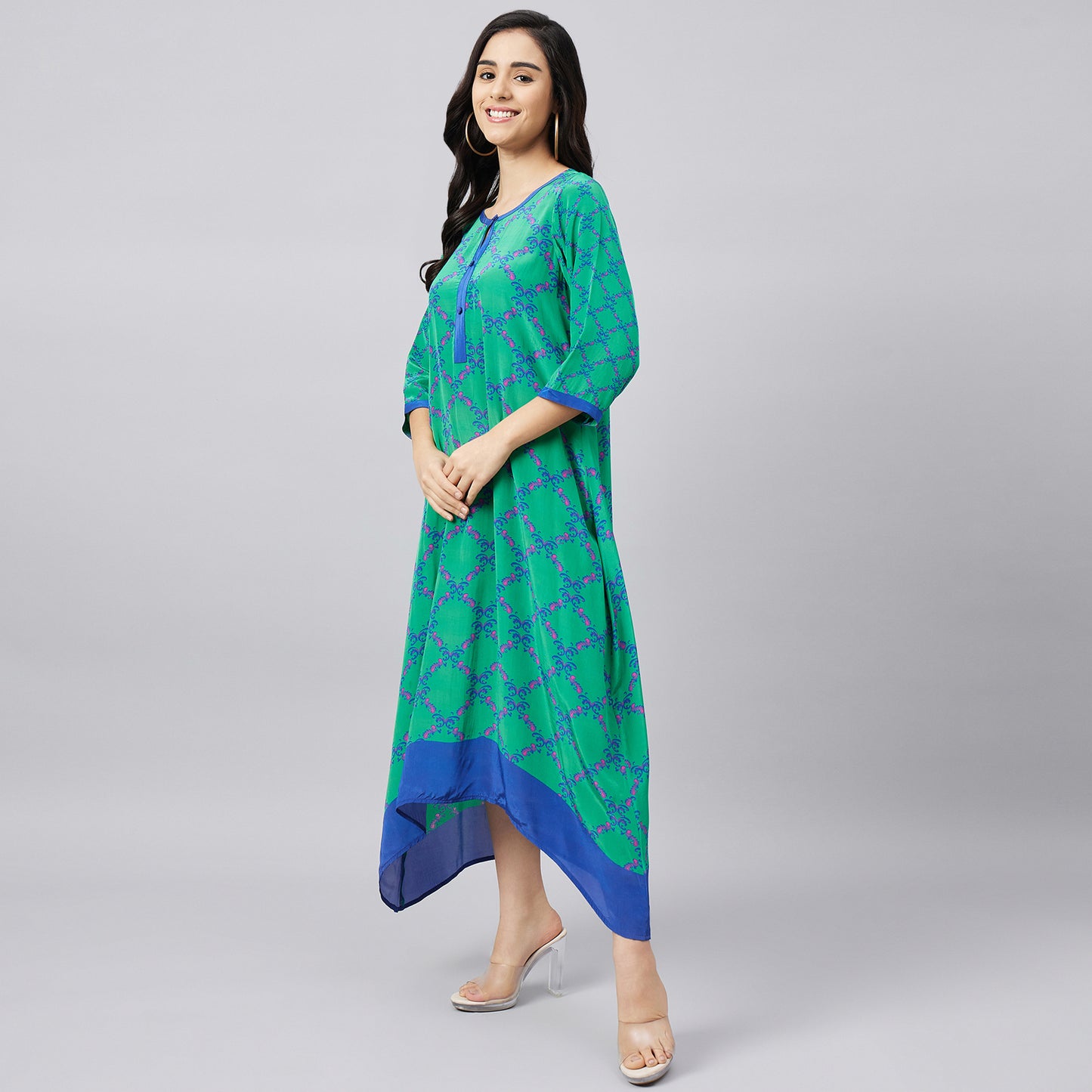Mint Green and Blue Baroque Print Midi Kaftan Dress