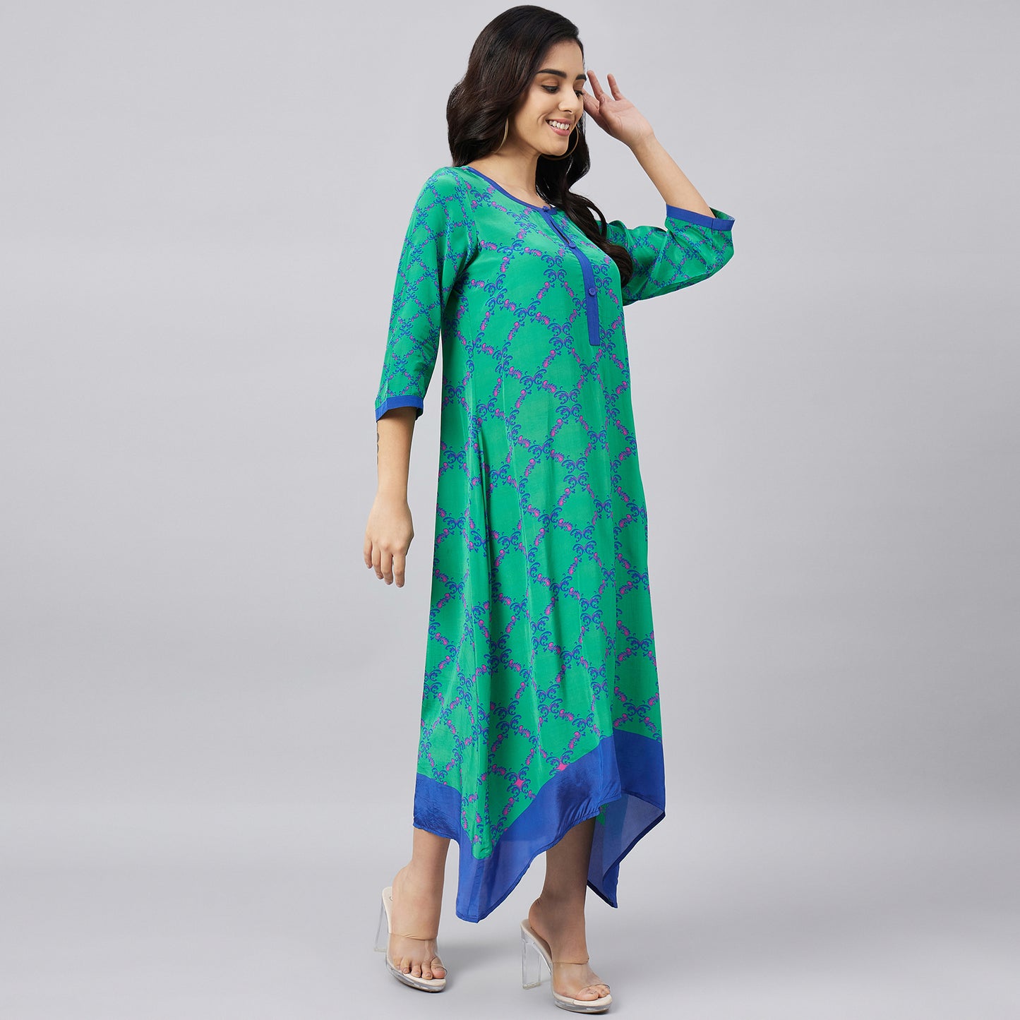 Mint Green and Blue Baroque Print Midi Kaftan Dress