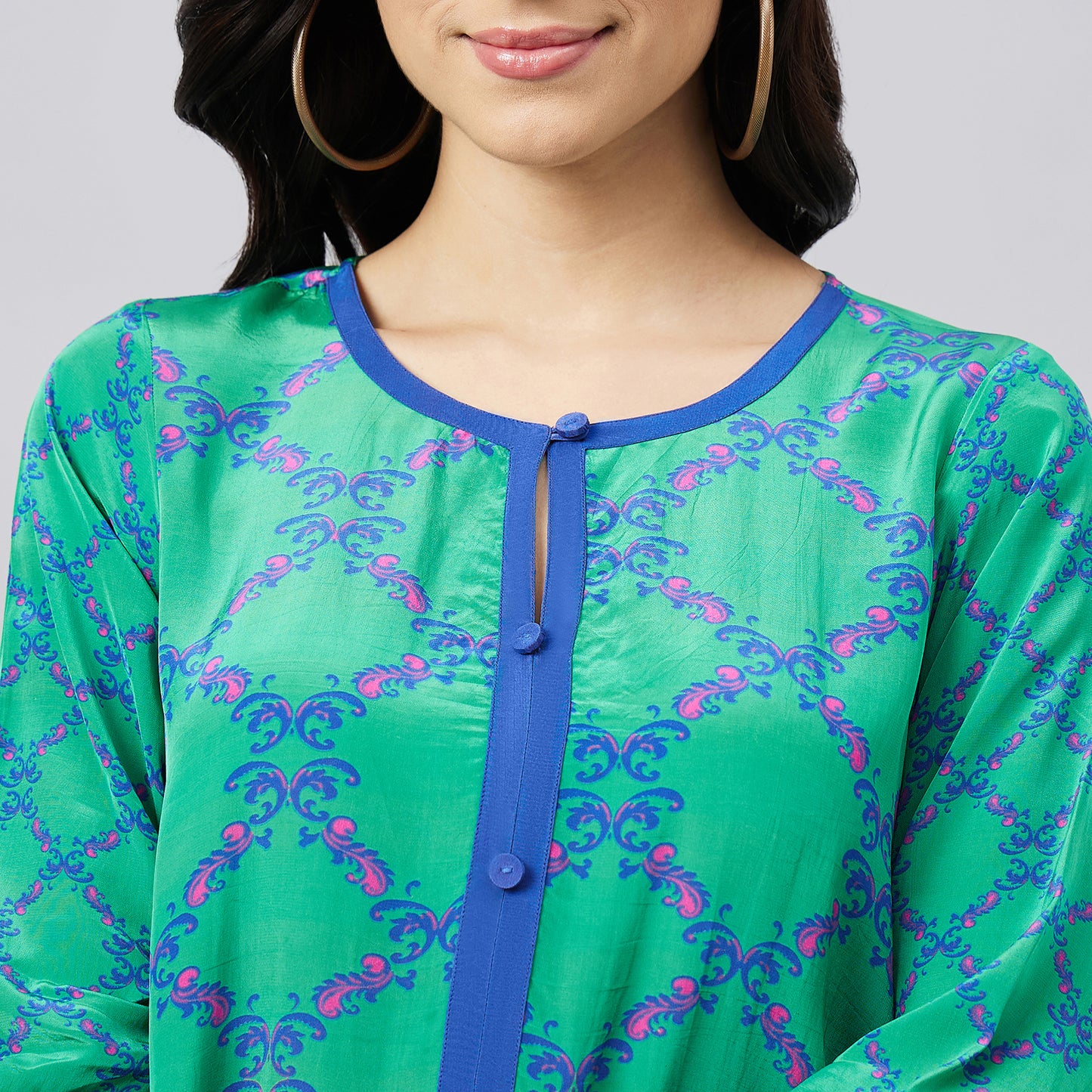 Mint Green and Blue Baroque Print Midi Kaftan Dress