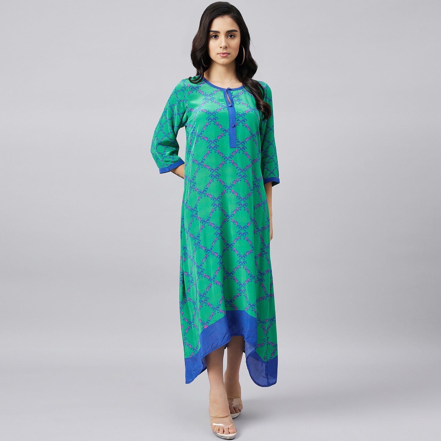 Mint Green and Blue Baroque Print Midi Kaftan Dress