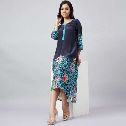 Black and Turquoise Printed Midi Kaftan Dress