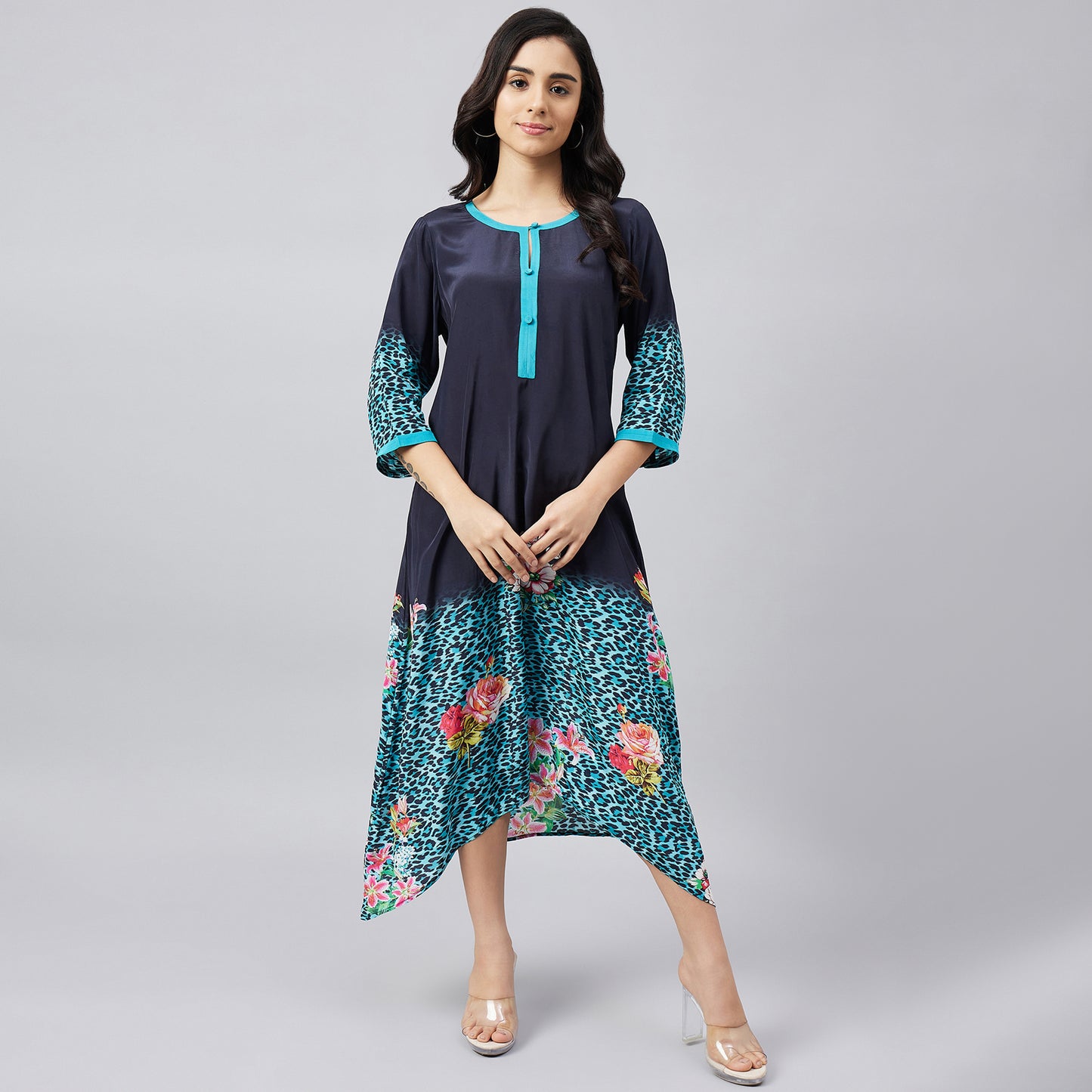 Black and Turquoise Printed Midi Kaftan Dress