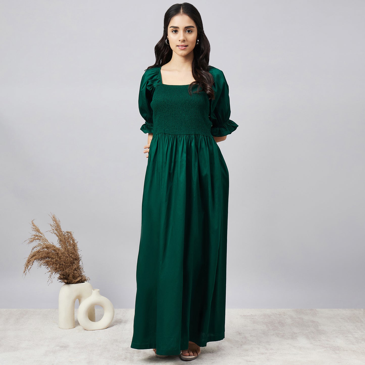 Bottle Green Smocked Maxi Dress