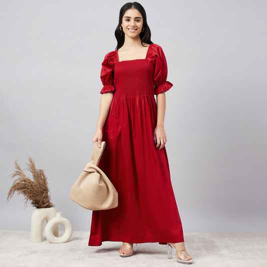 Red Smocked Maxi Dress