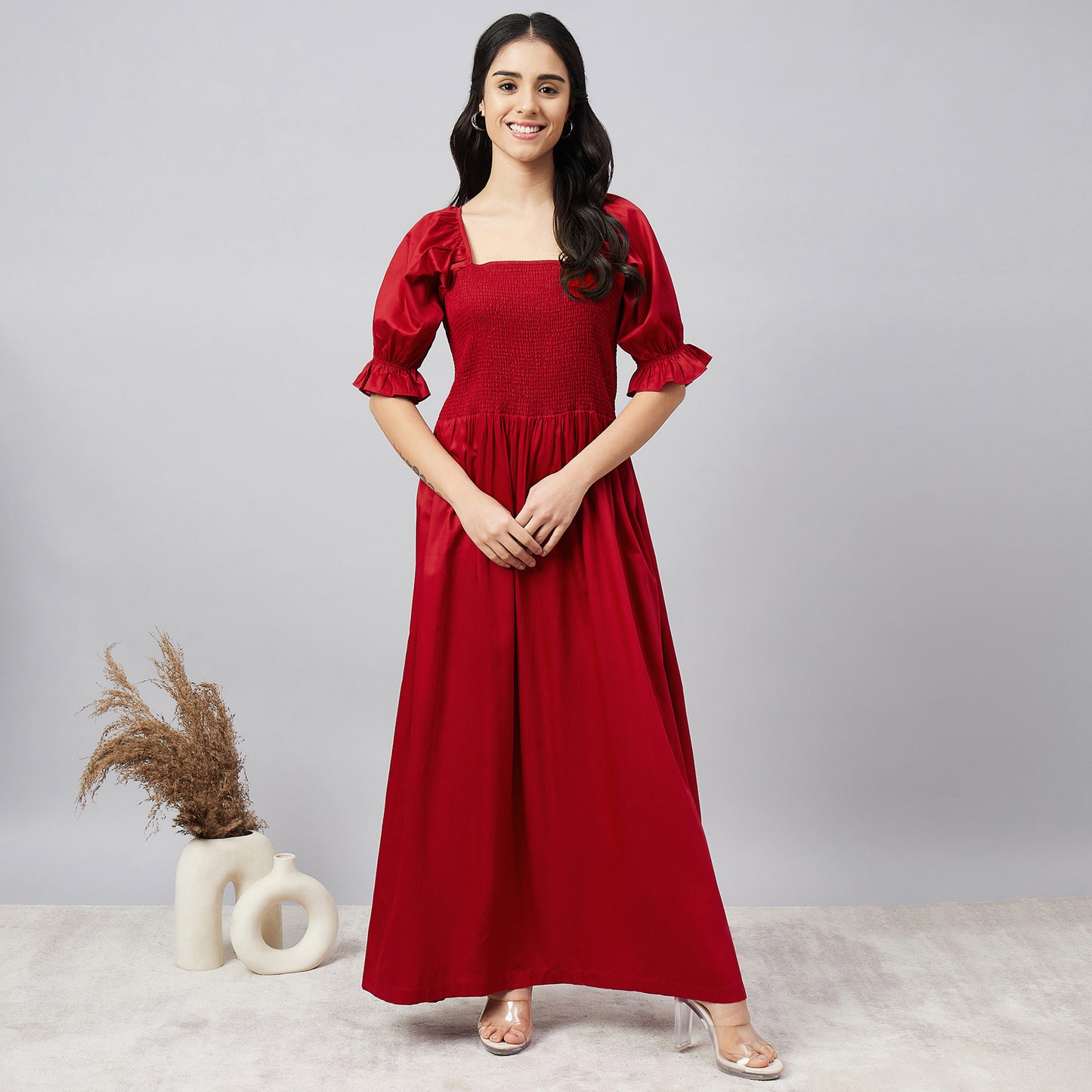 Red Smocked Maxi Dress