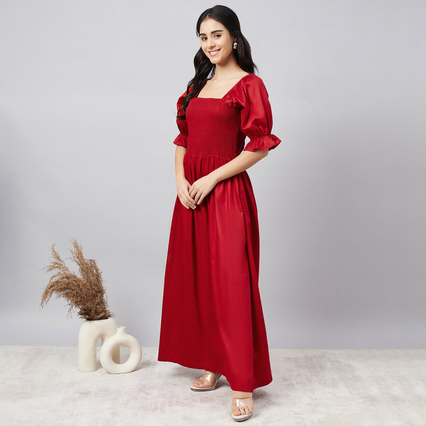 Red Smocked Maxi Dress