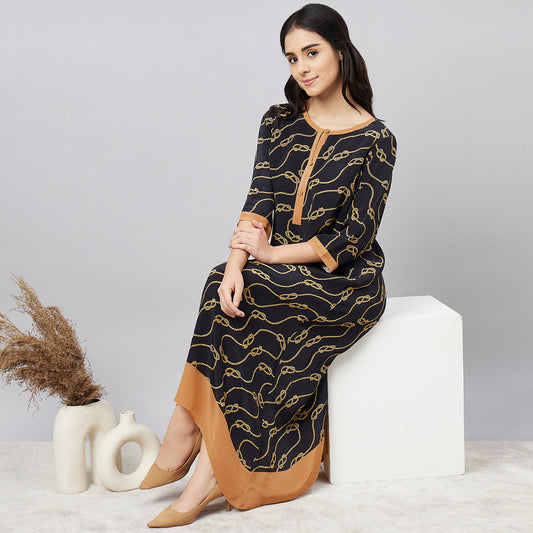 Black and Brown Nautical Print Midi Kaftan Dress