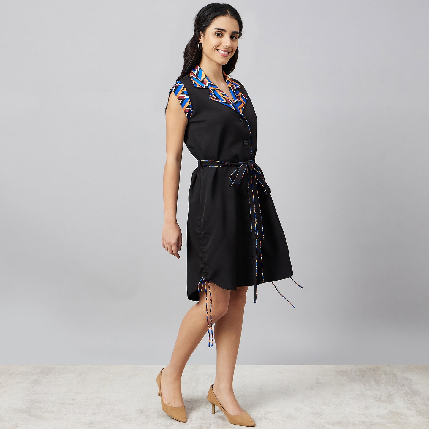 Black Geometric Print Shirt Dress with Belt