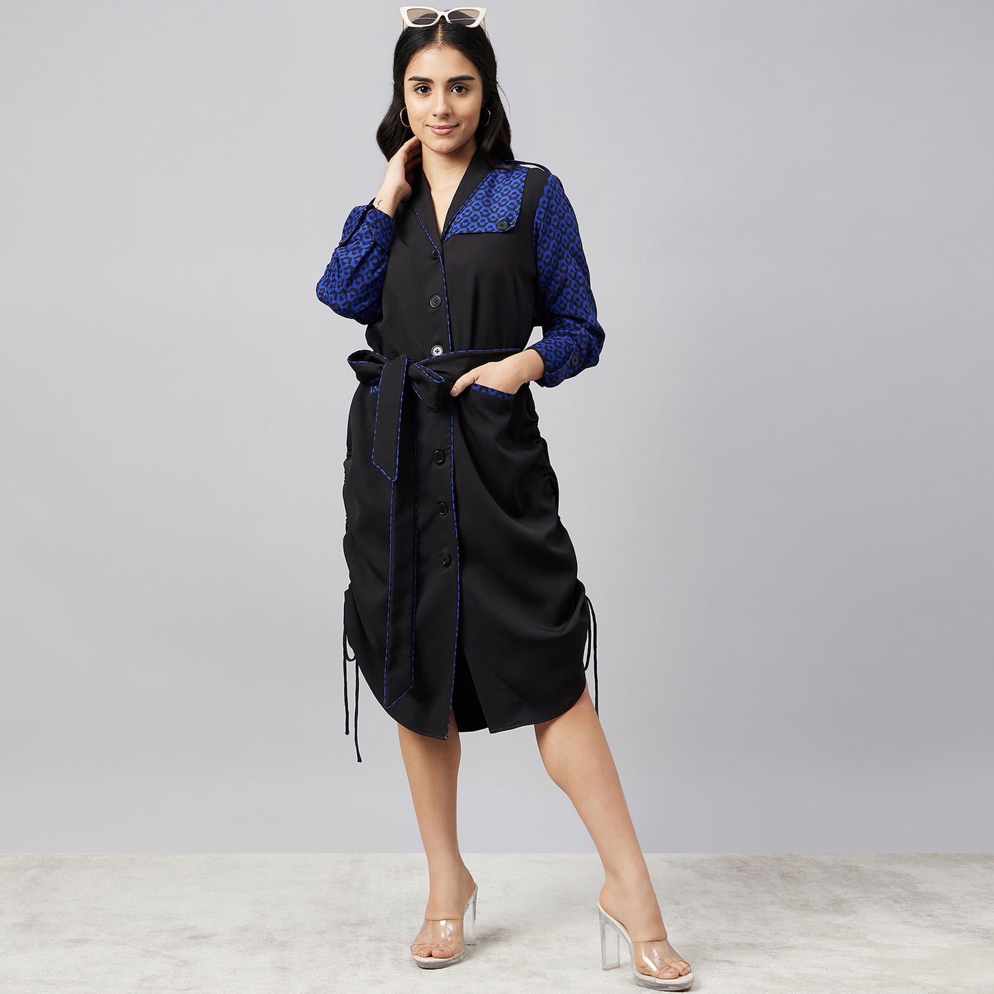 Black and Blue Houndstooth Print Shirt Dress with Belt