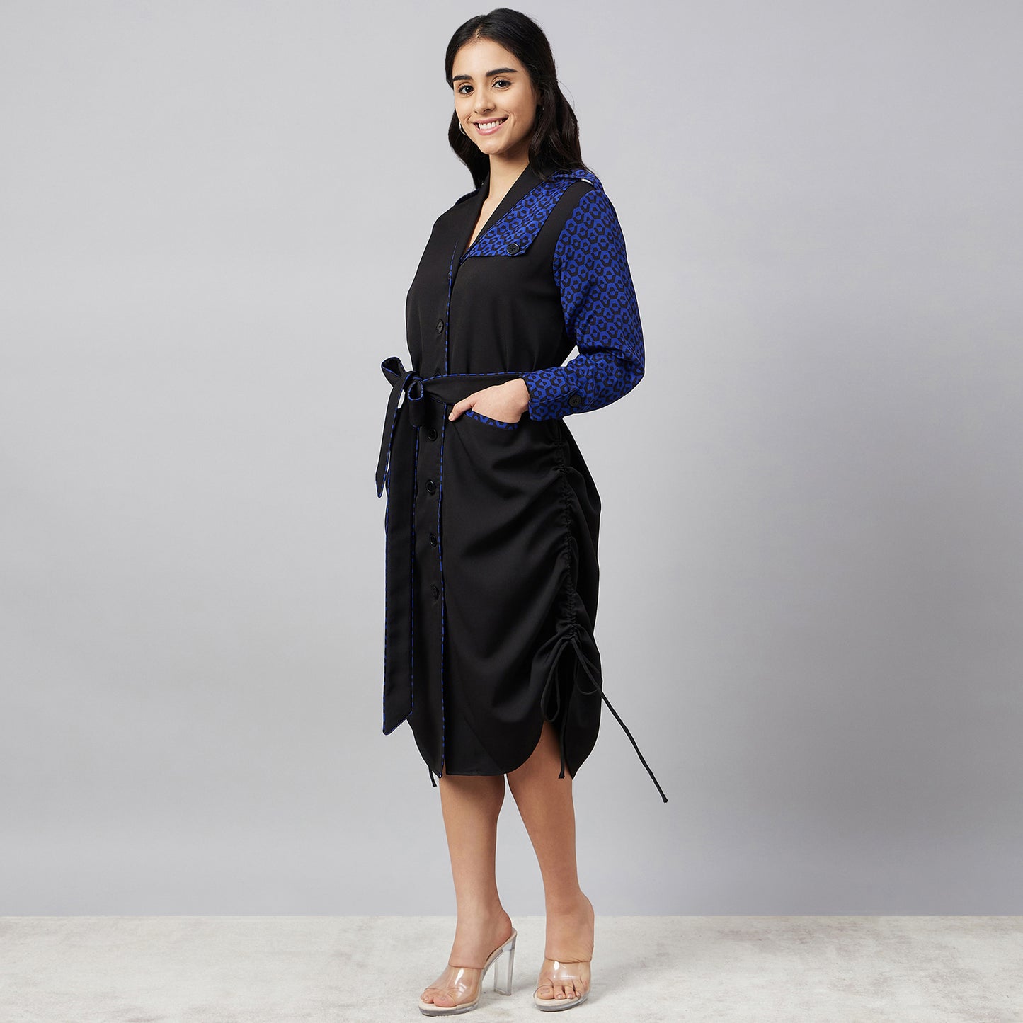Black and Blue Houndstooth Print Shirt Dress with Belt