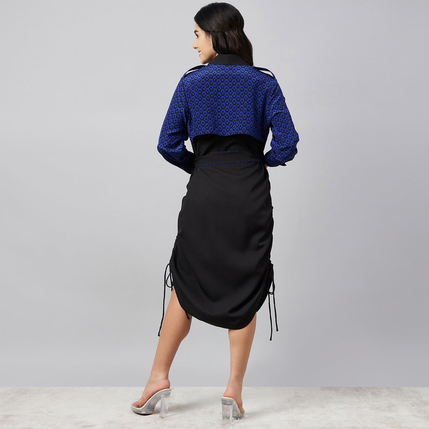 Black and Blue Houndstooth Print Shirt Dress with Belt