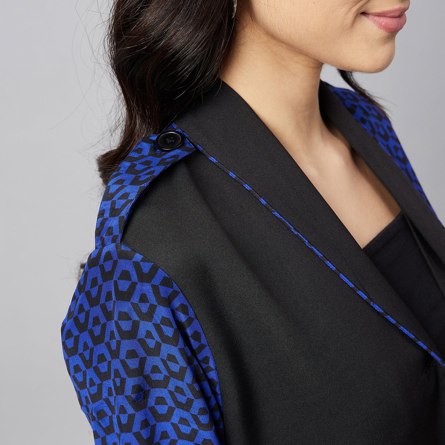 Black and Blue Houndstooth Print Shirt Dress with Belt
