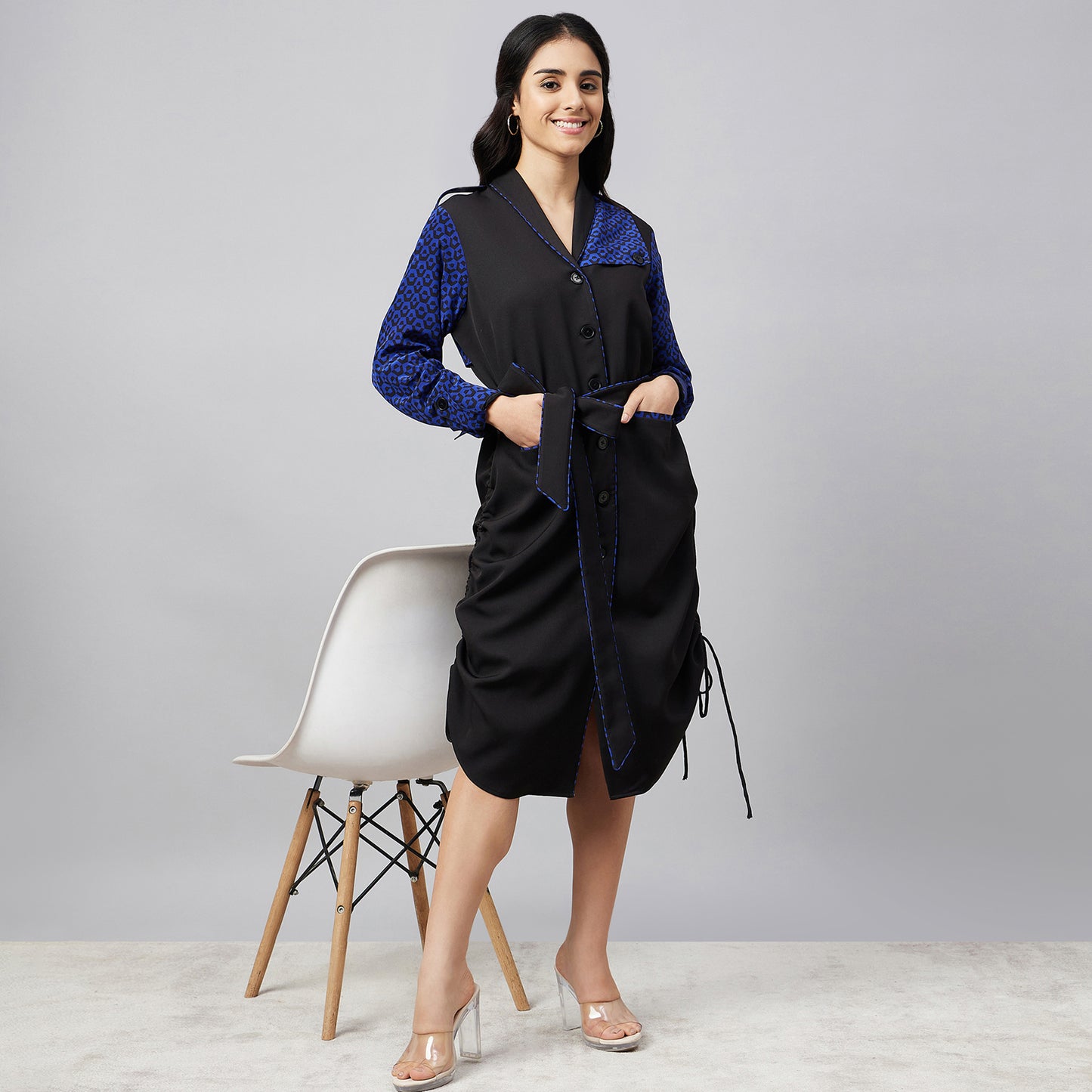 Black and Blue Houndstooth Print Shirt Dress with Belt
