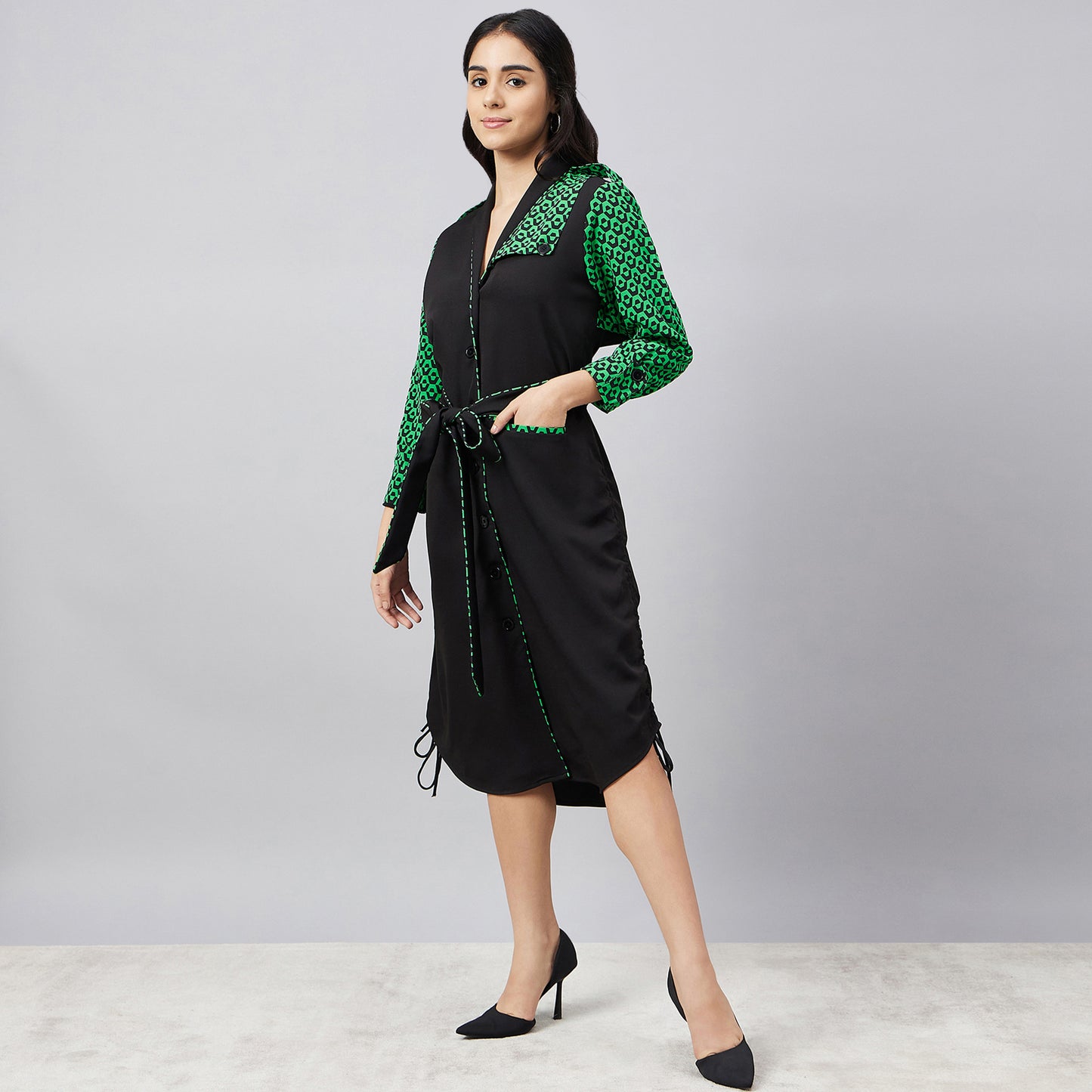 Black and Green Houndstooth Print Shirt Dress with Belt