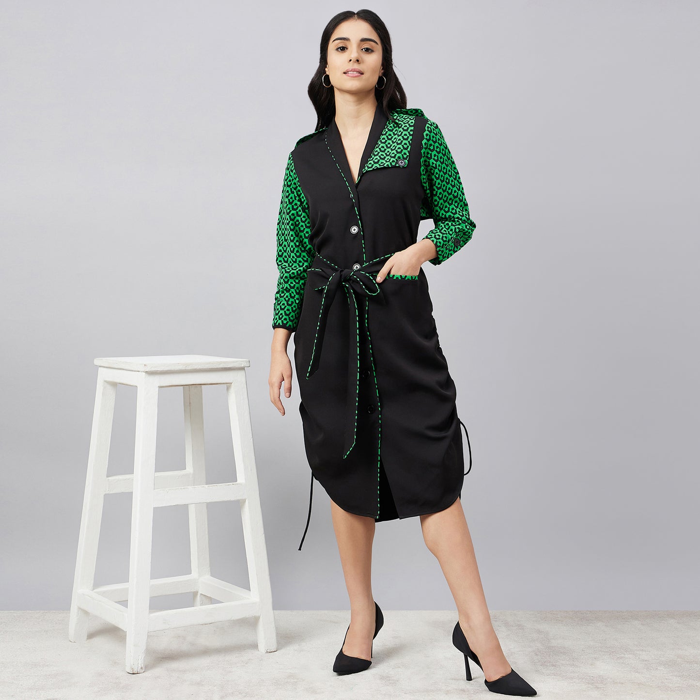 Black and Green Houndstooth Print Shirt Dress with Belt