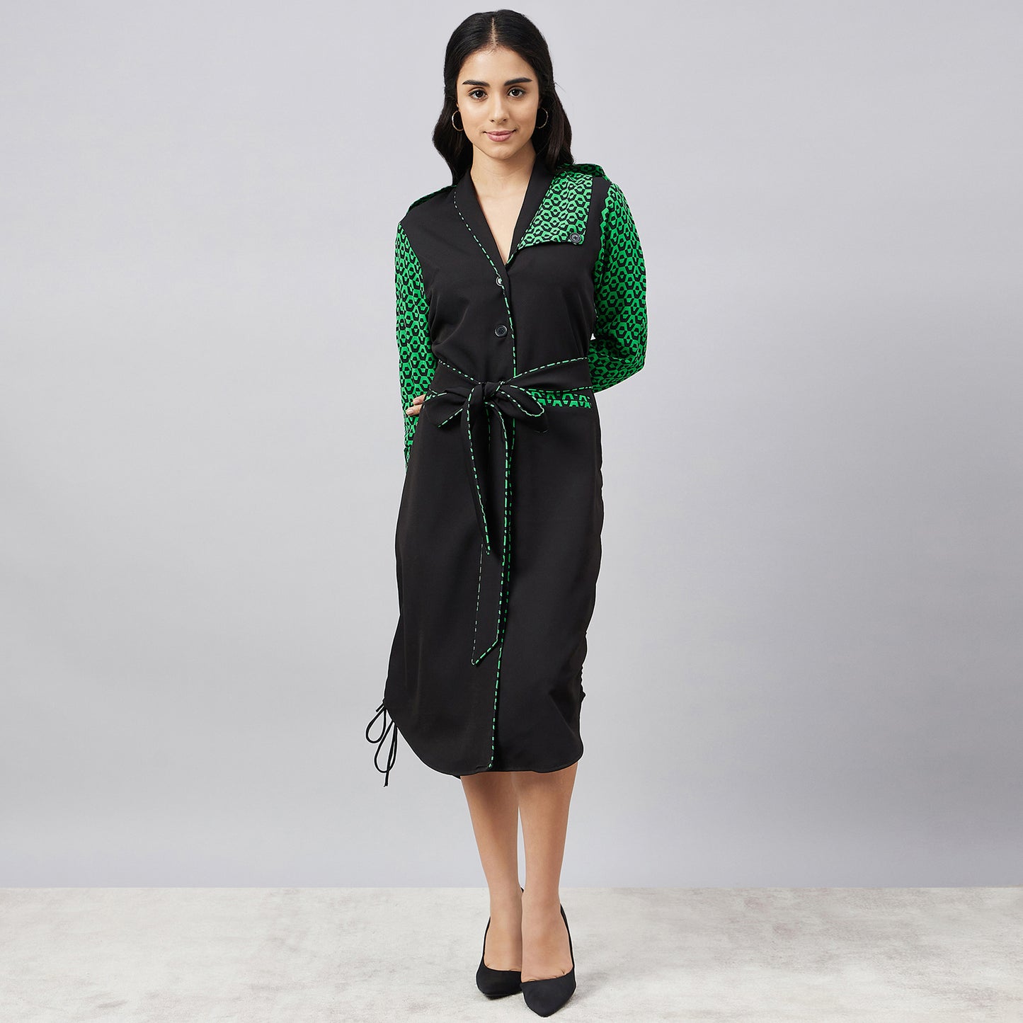 Black and Green Houndstooth Print Shirt Dress with Belt