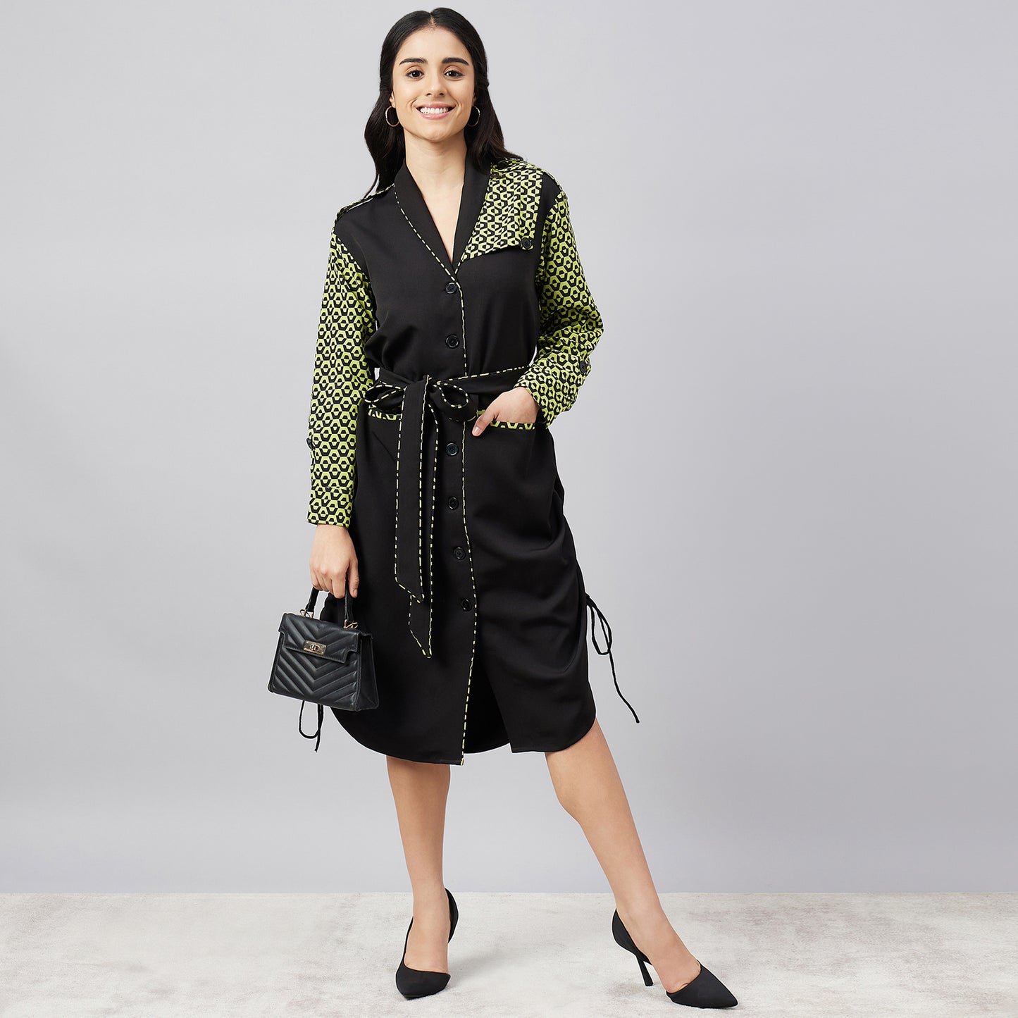 Black and Yellow Houndstooth Print Shirt Dress with Belt