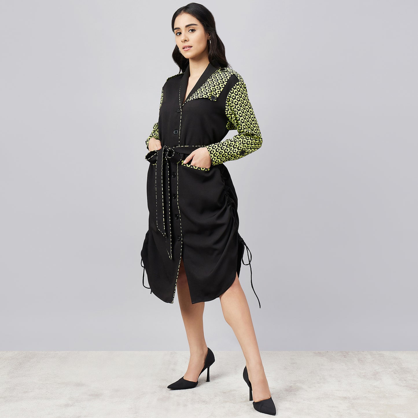 Black and Yellow Houndstooth Print Shirt Dress with Belt