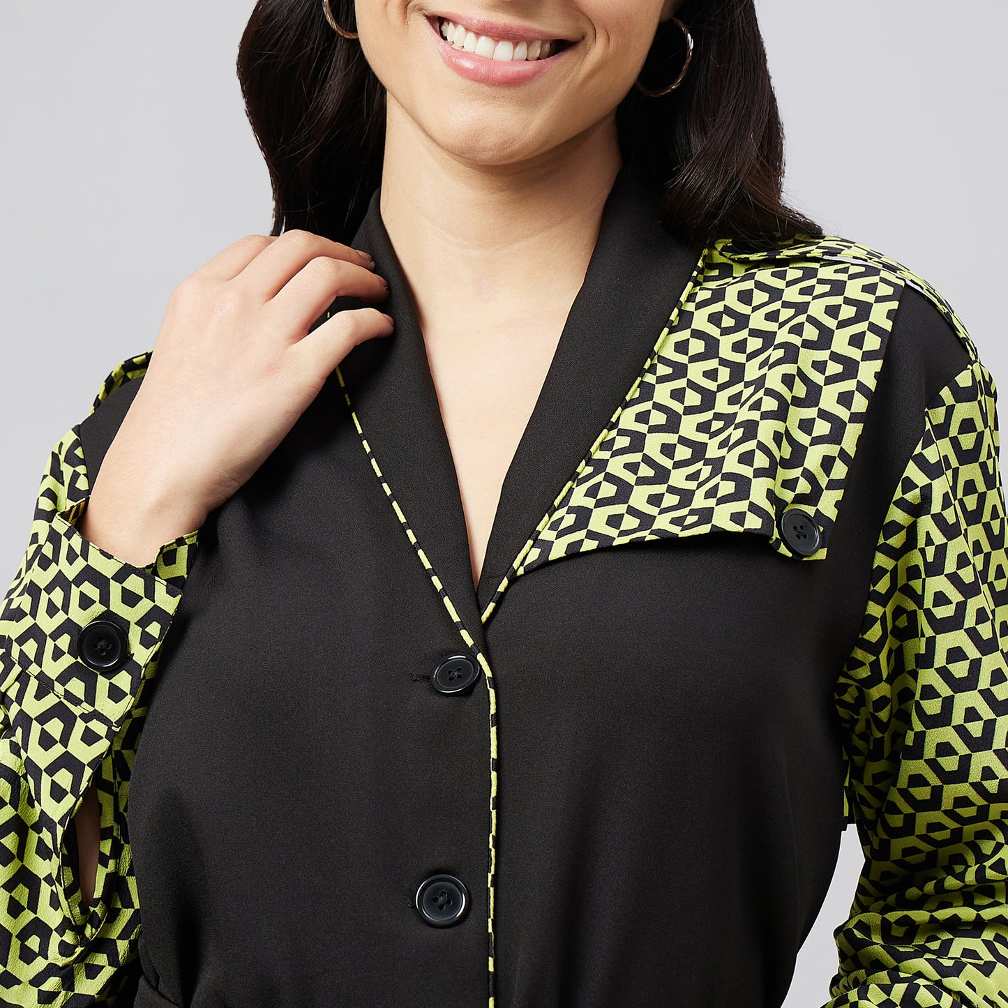 Black and Yellow Houndstooth Print Shirt Dress with Belt