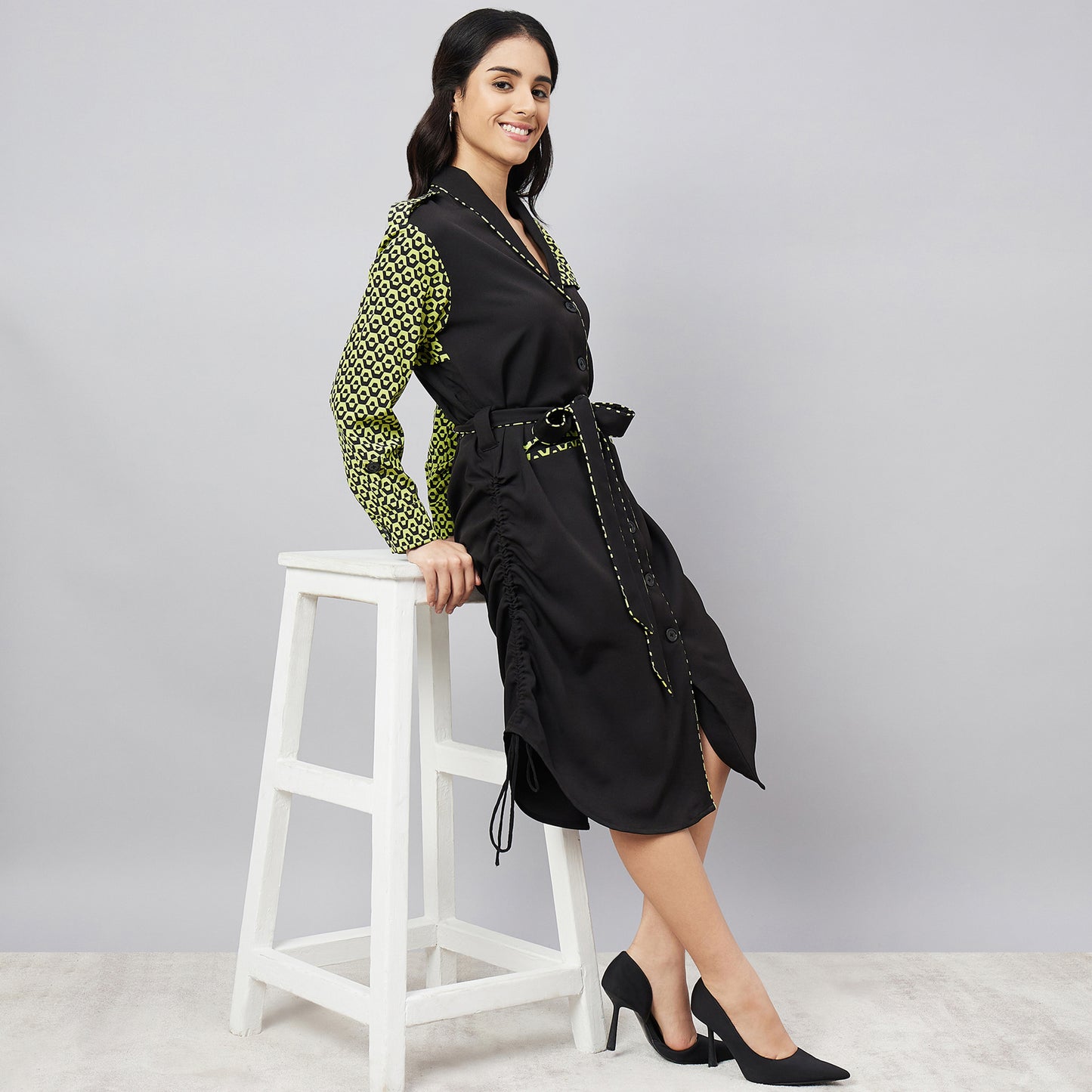 Black and Yellow Houndstooth Print Shirt Dress with Belt