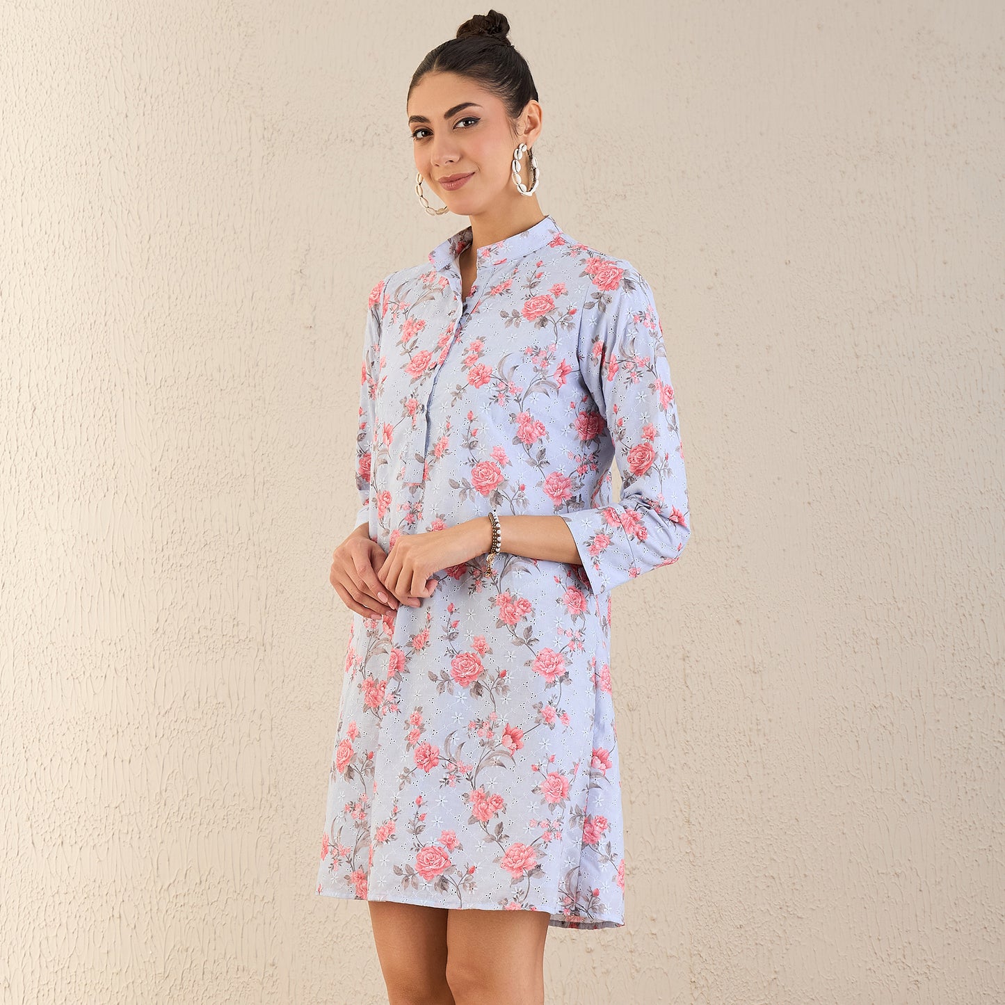 Ice Blue and Pink Floral Print Schiffli Dress