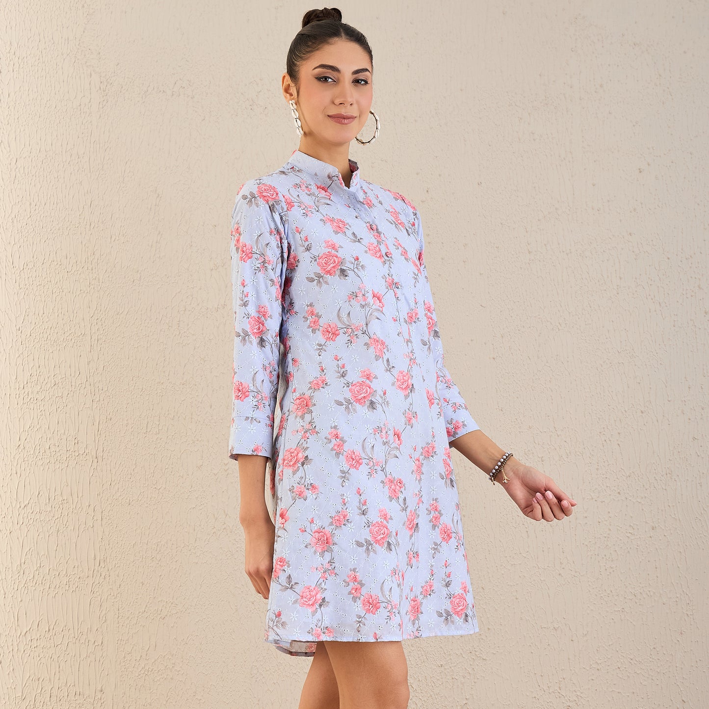 Ice Blue and Pink Floral Print Schiffli Dress