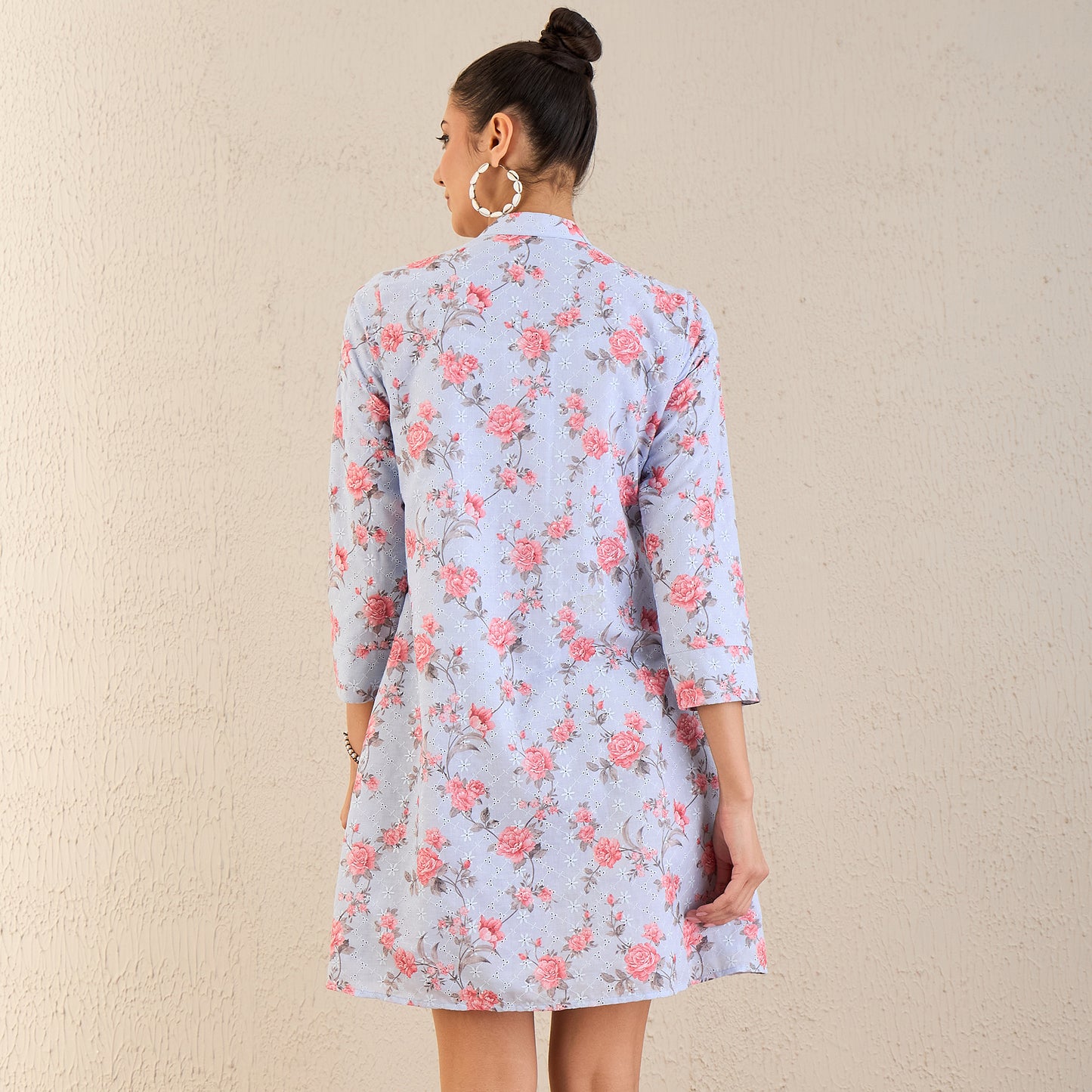 Ice Blue and Pink Floral Print Schiffli Dress