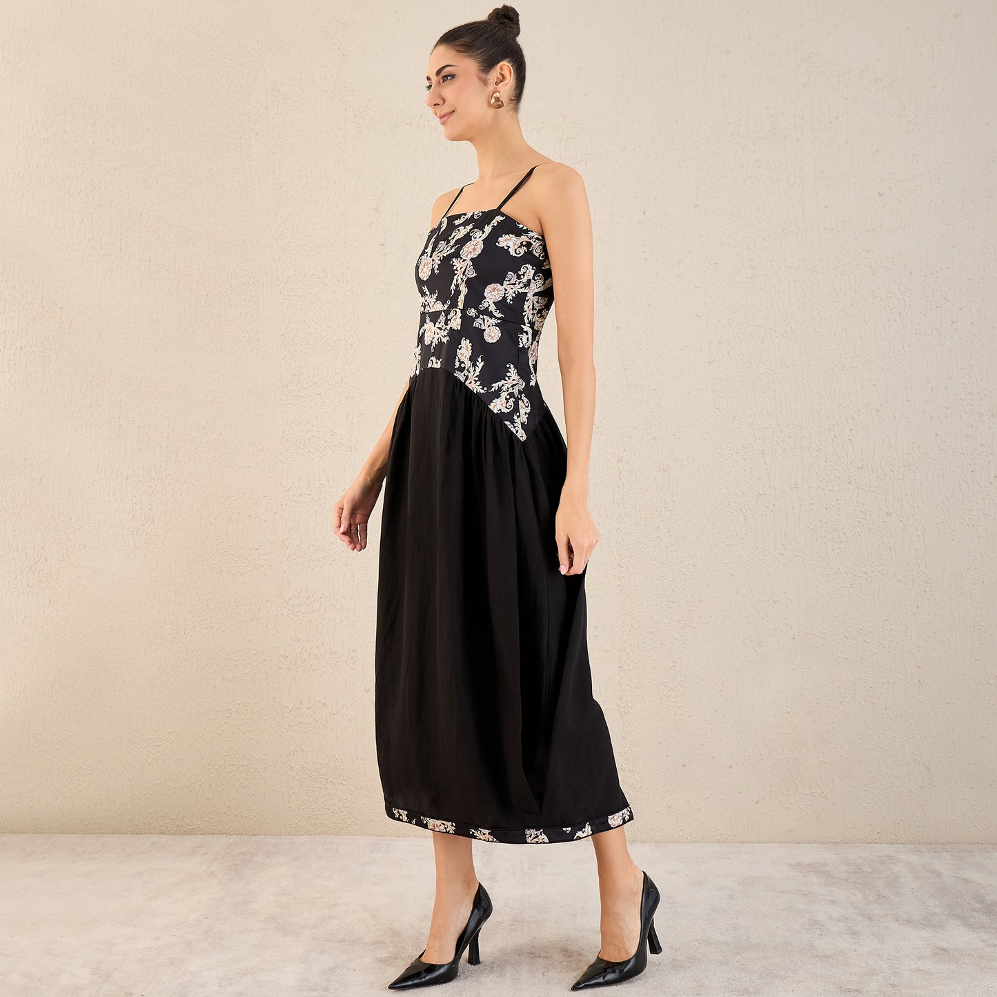 Black Baroque Print Linen Midi Dress