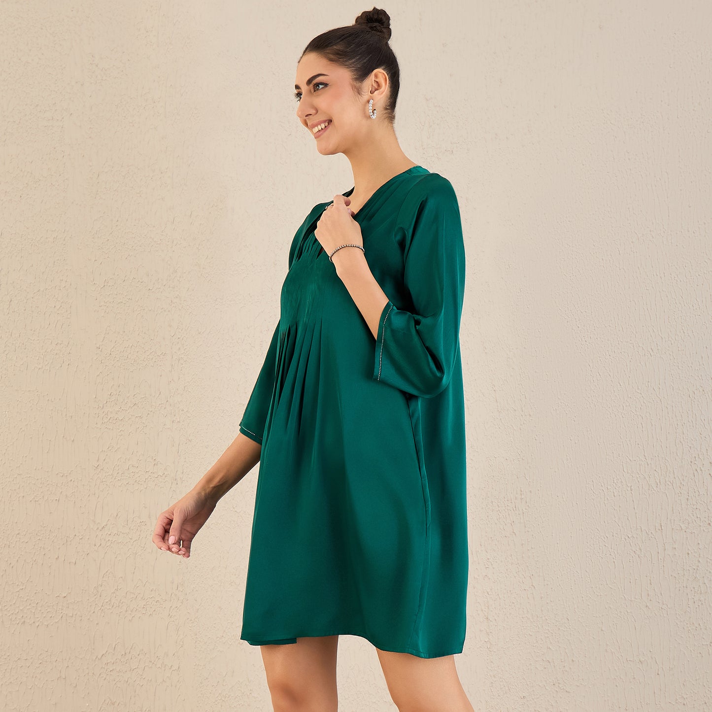 Teal Crystal Embellished Satin Dress with Pleats