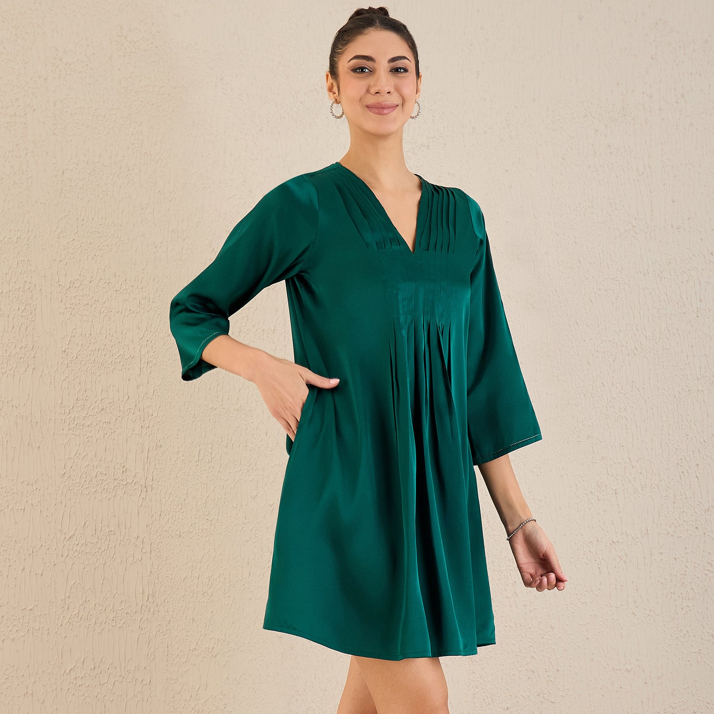 Teal Crystal Embellished Satin Dress with Pleats