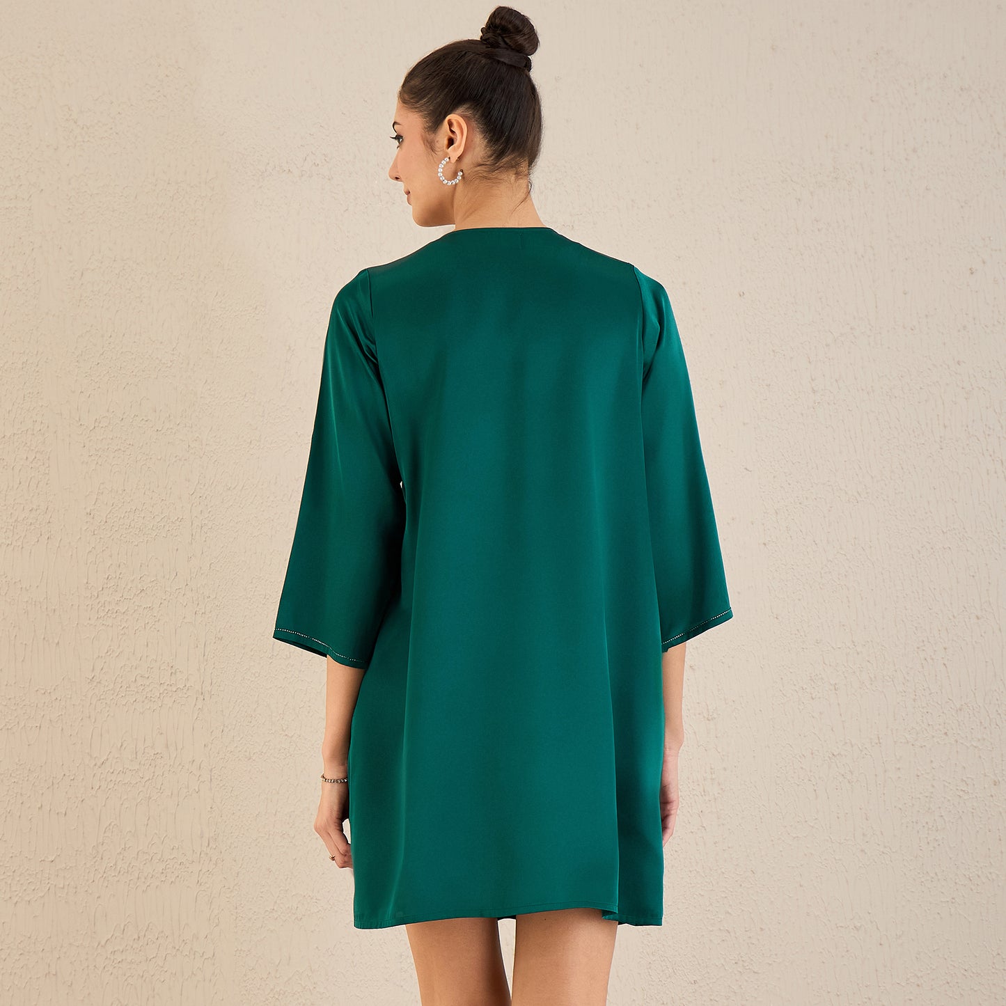 Teal Crystal Embellished Satin Dress with Pleats