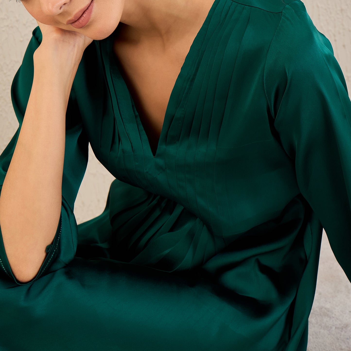 Teal Crystal Embellished Satin Dress with Pleats