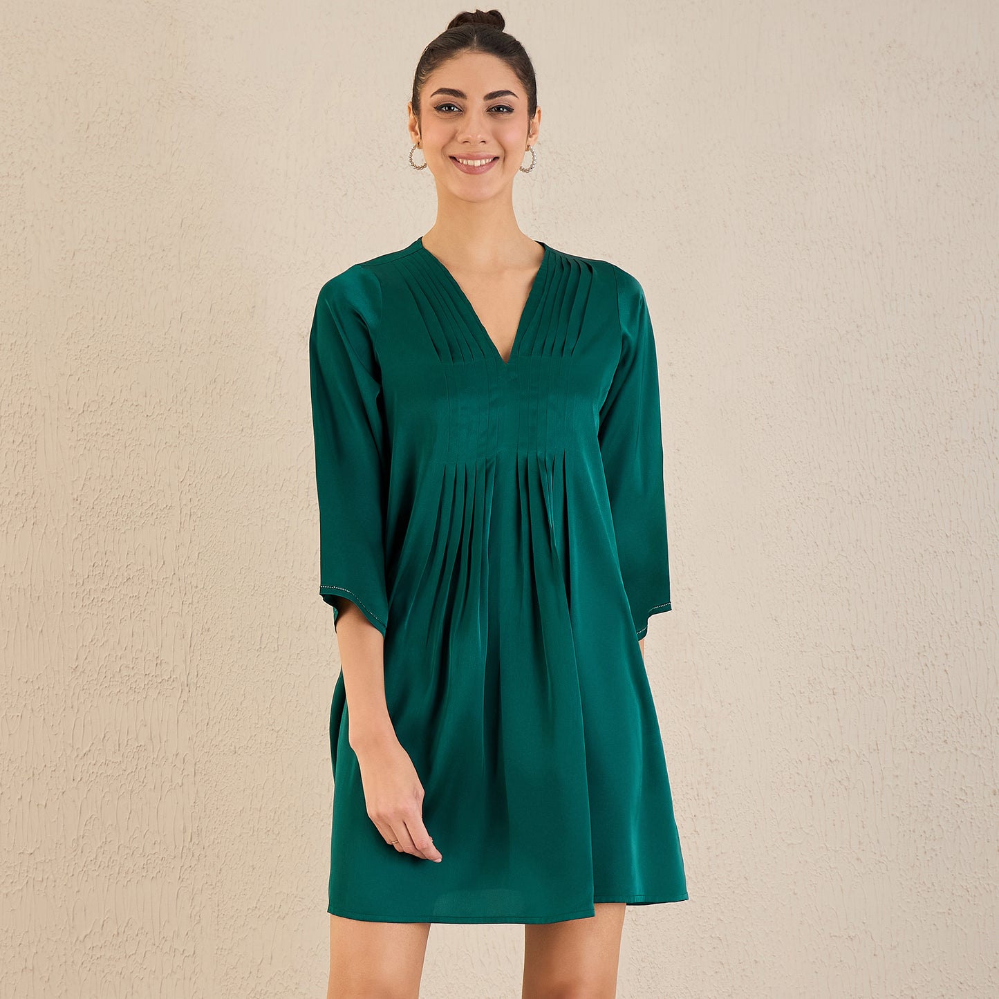 Teal Crystal Embellished Satin Dress with Pleats