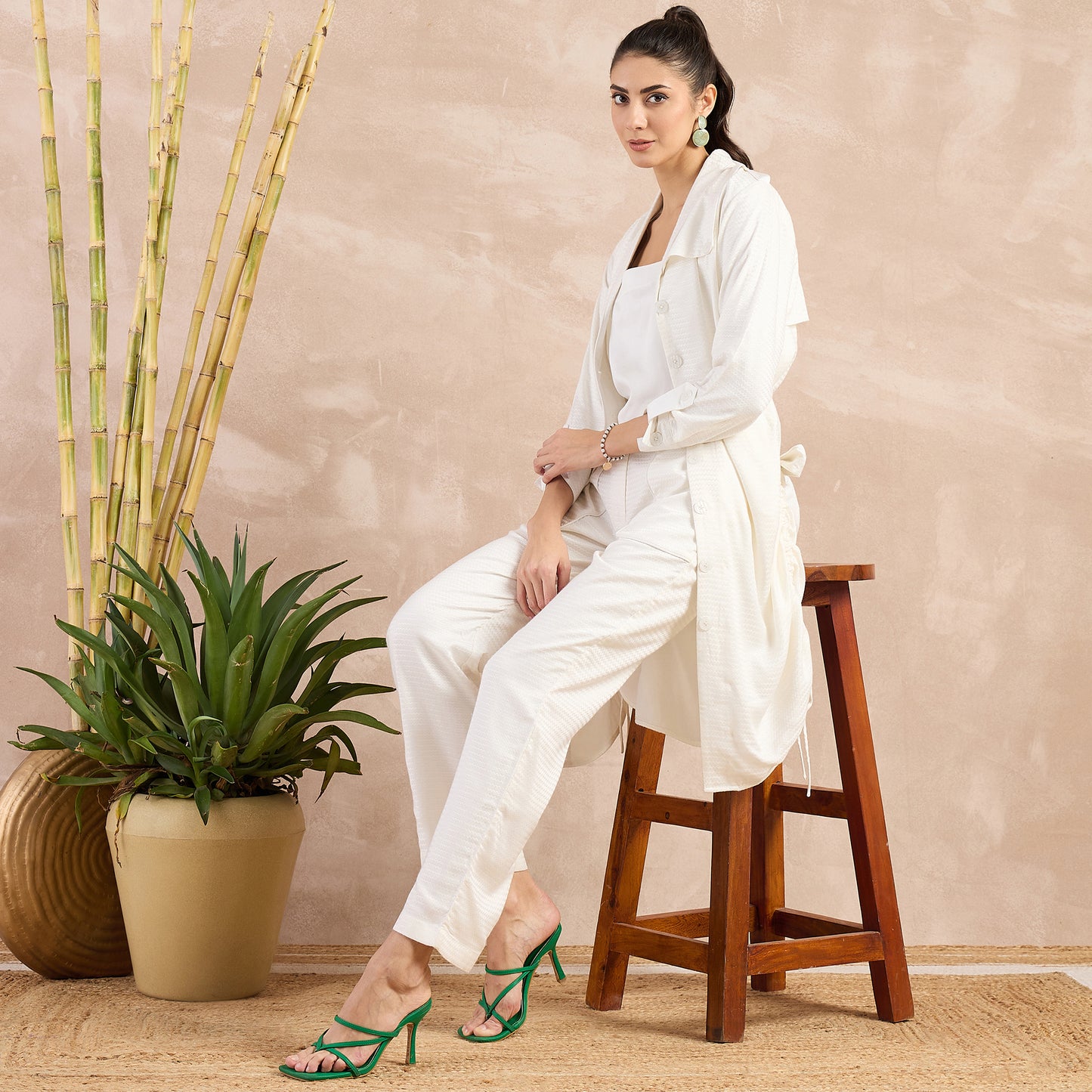 Off-White Herringbone Shawl Collar Trench Dress with Belt