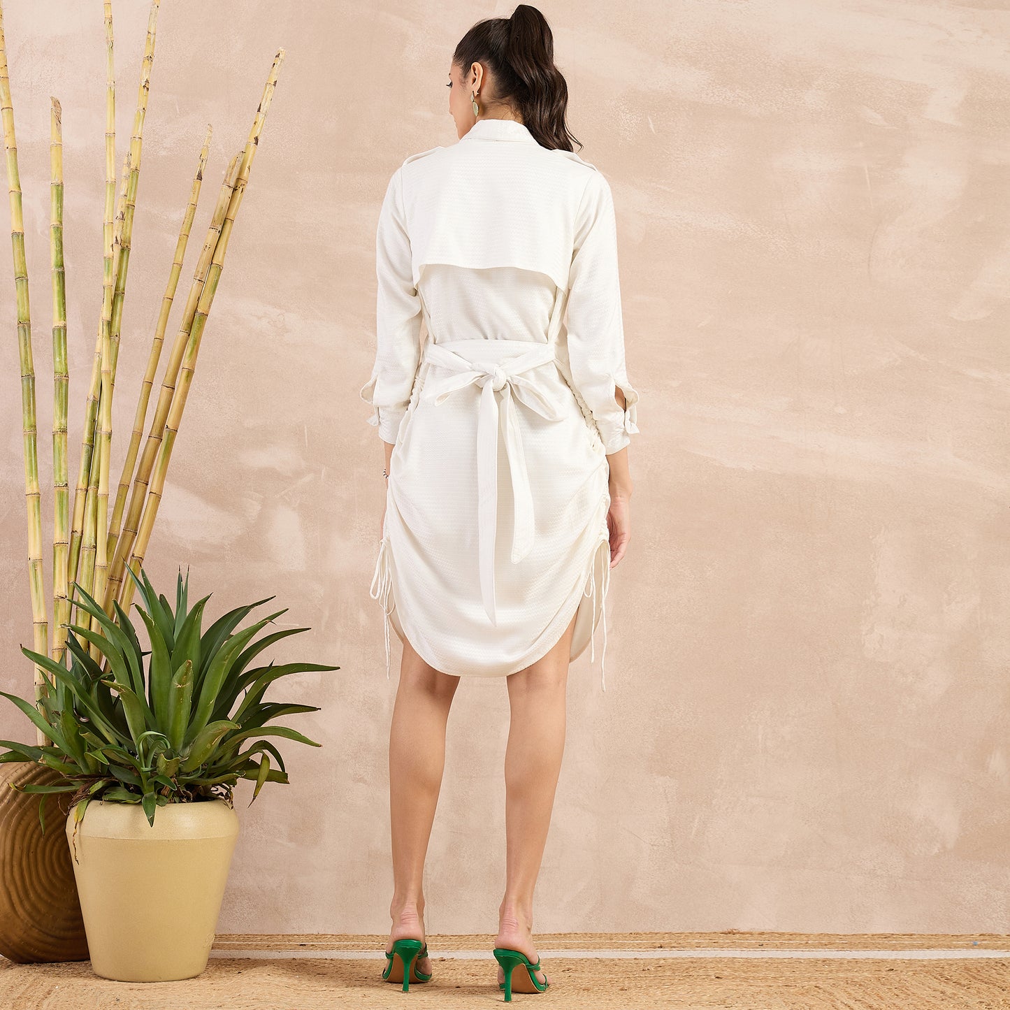 Off-White Herringbone Shawl Collar Trench Dress with Belt
